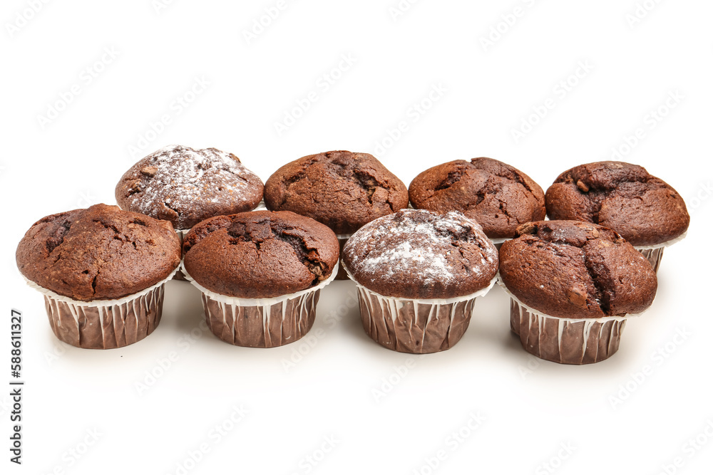 Tasty chocolate cupcakes isolated on white background