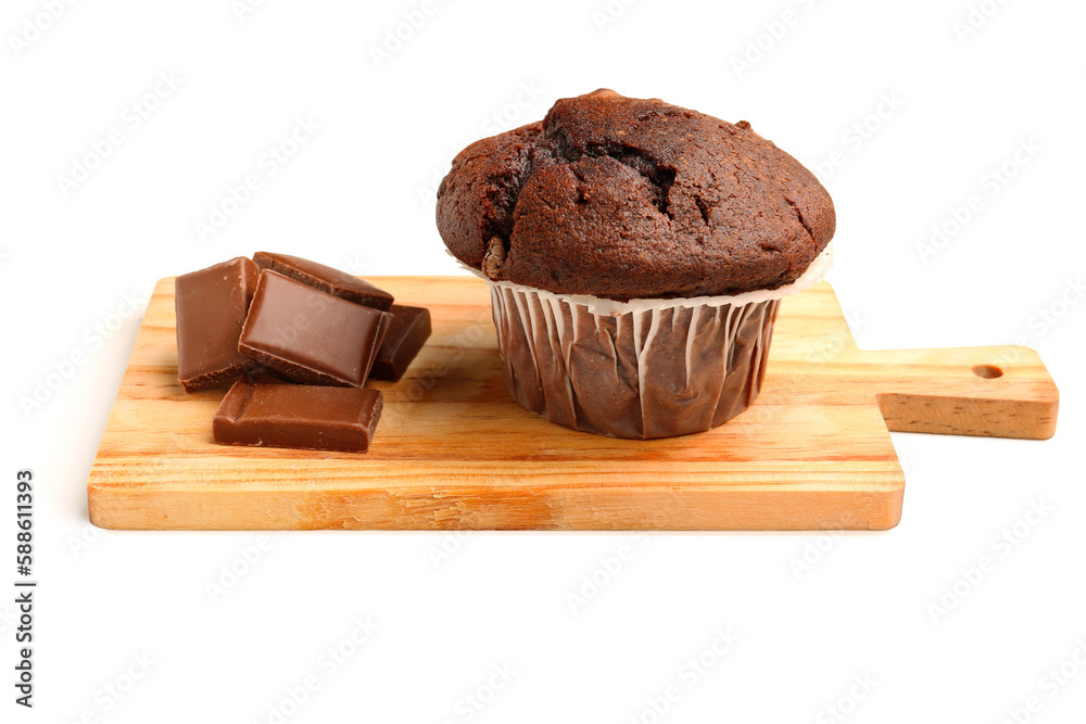 Wooden board with tasty chocolate cupcakes isolated on white background