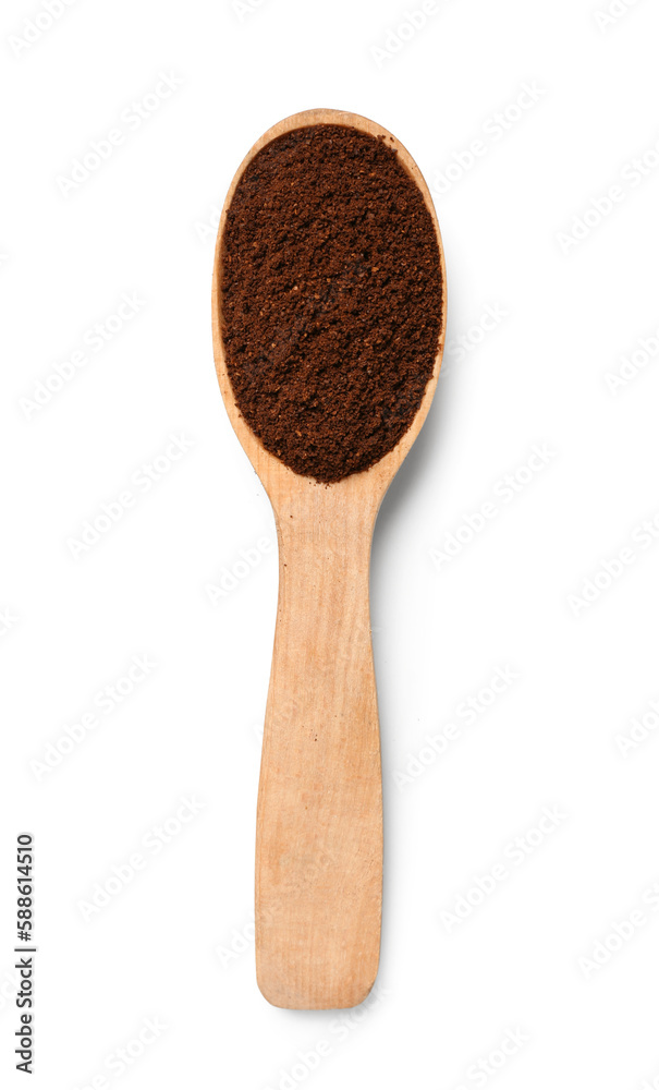 Wooden spoon with coffee powder isolated on white background