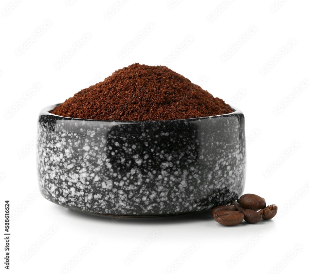 Bowl with coffee powder isolated on white background