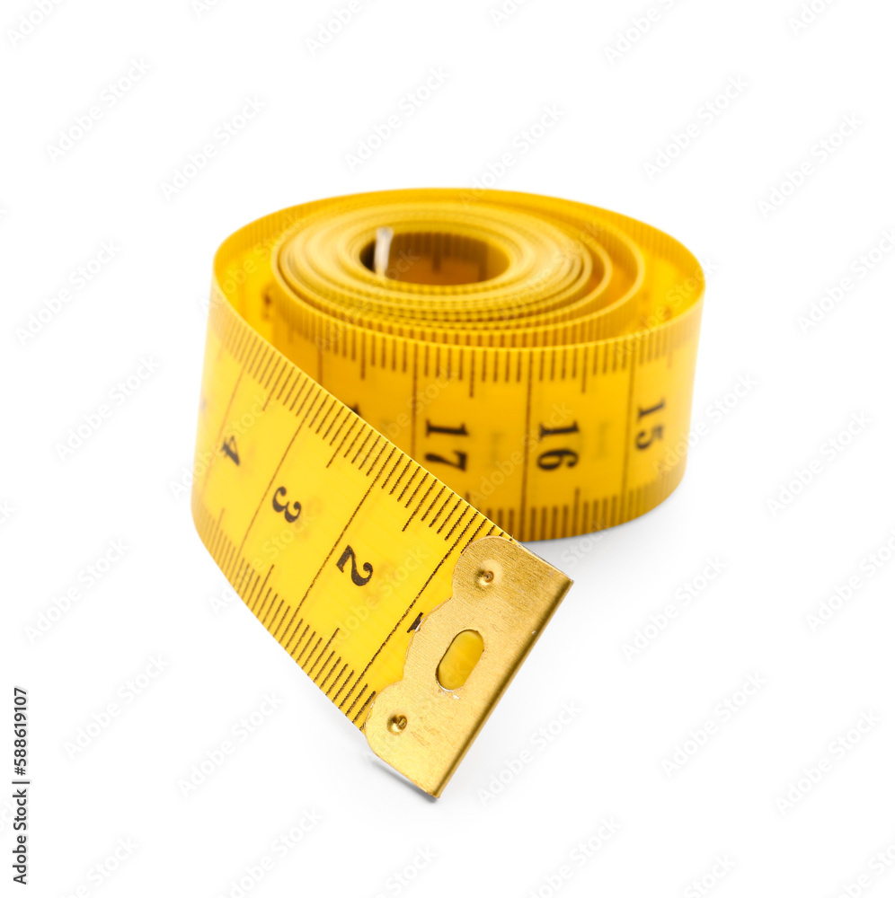 New measuring tape isolated on white background, closeup