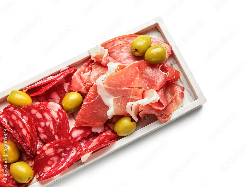 Plate with assortment of tasty deli meats isolated on white background, closeup