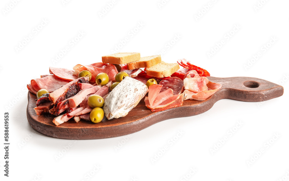 Wooden board with assortment of tasty deli meats isolated on white background