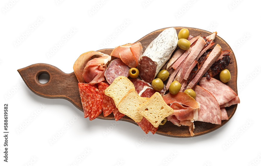 Wooden board with assortment of tasty deli meats isolated on white background