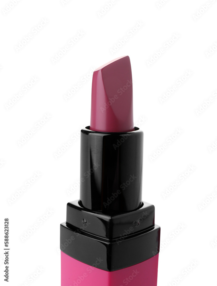 Pink lipstick on white background, closeup