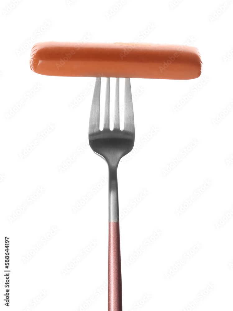 Fork with tasty sausage isolated on white background