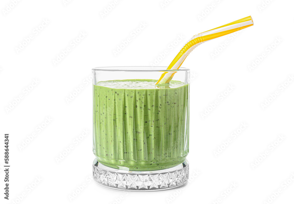 Glass of tasty green smoothie with straw on white background