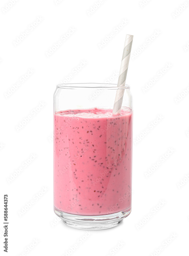 Glass of tasty pink smoothie with straw on white background