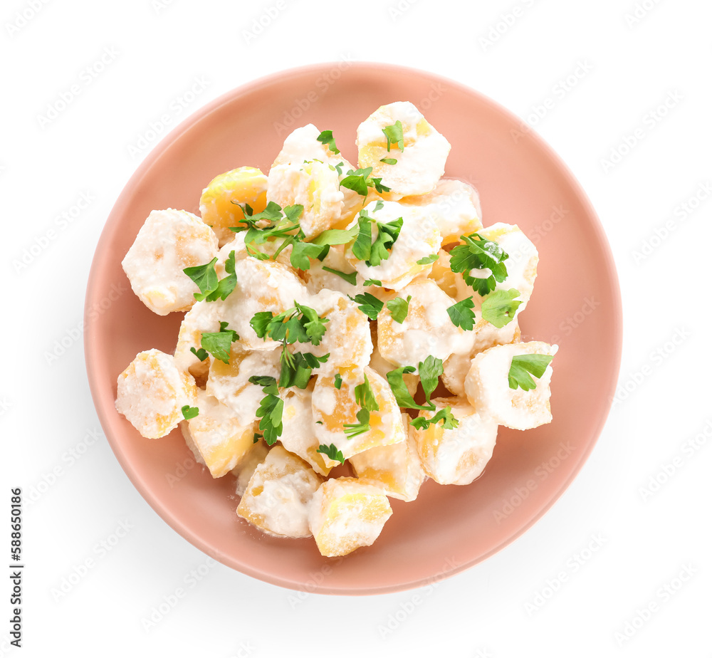 Plate of tasty Potato Salad with greens on white background