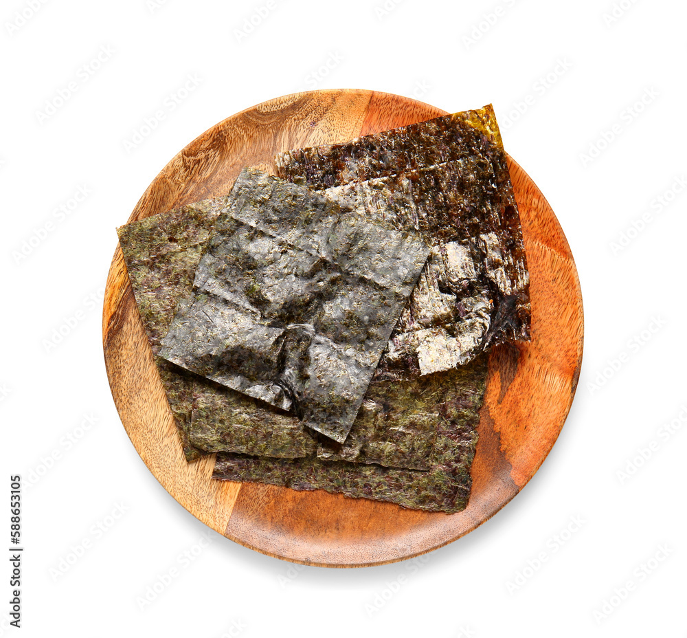 Plate with natural nori sheets isolated on white background