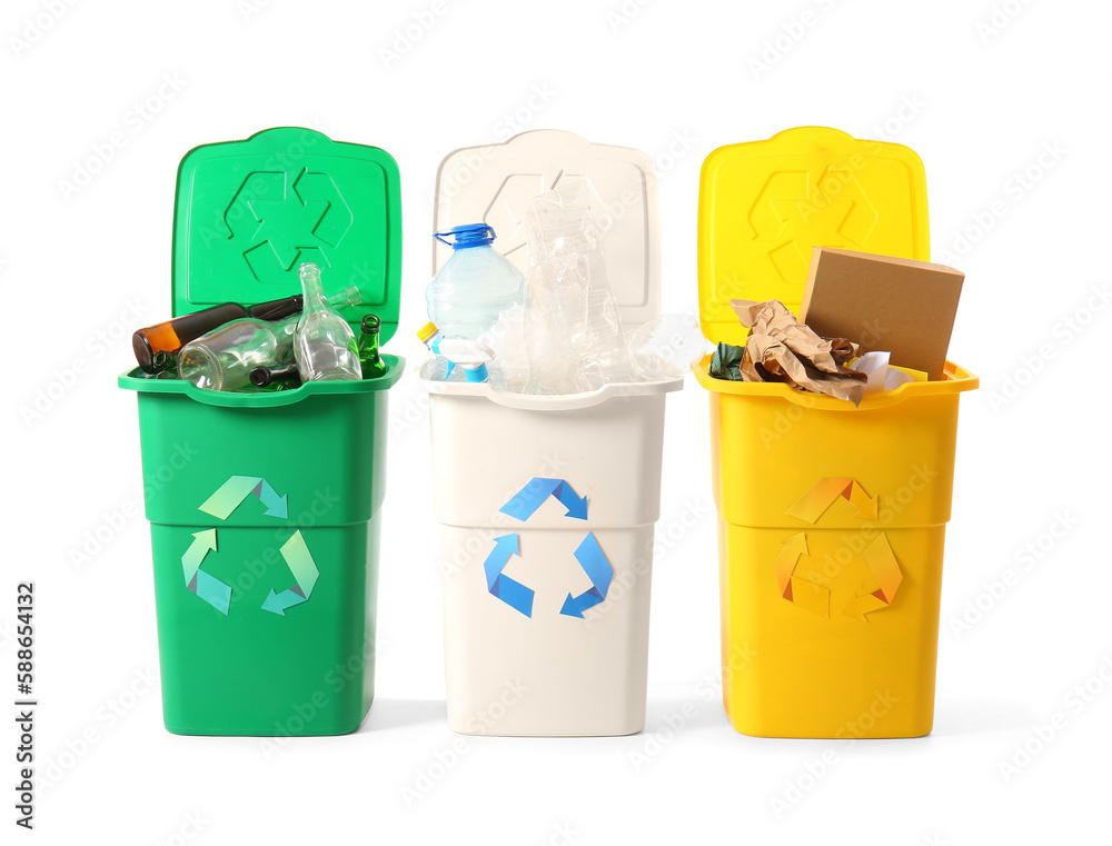 Containers with different types of garbage isolated on white. Recycling concept