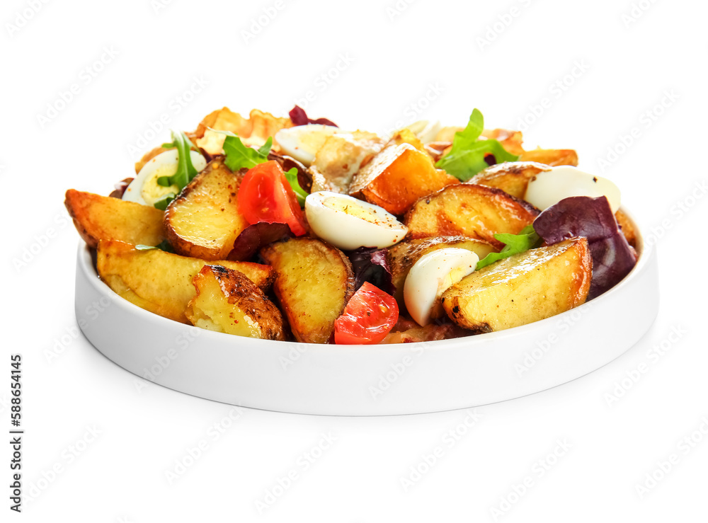 Plate of tasty potato salad isolated on white