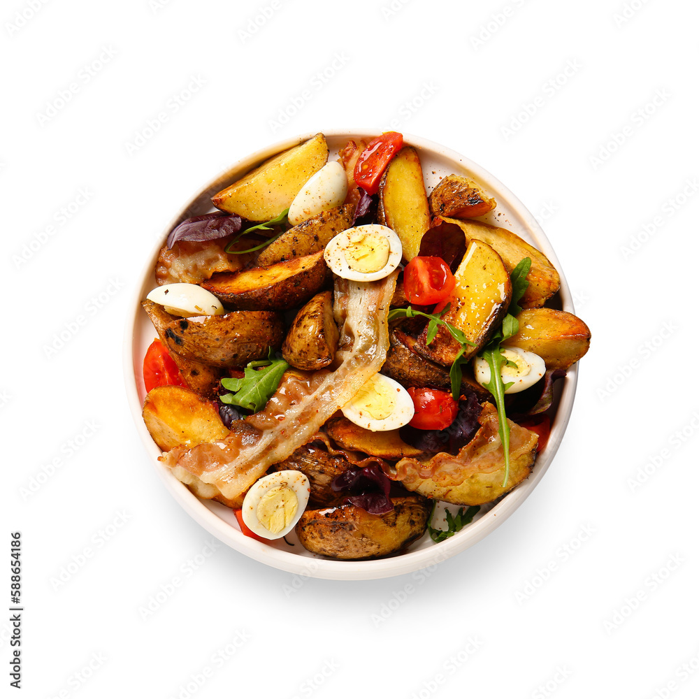 Plate of tasty potato salad with eggs, tomatoes and bacon isolated on white, top view