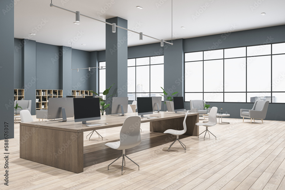 Modern loft coworking office interior with panoramic windows, wooden flooring, furniture, equipment 