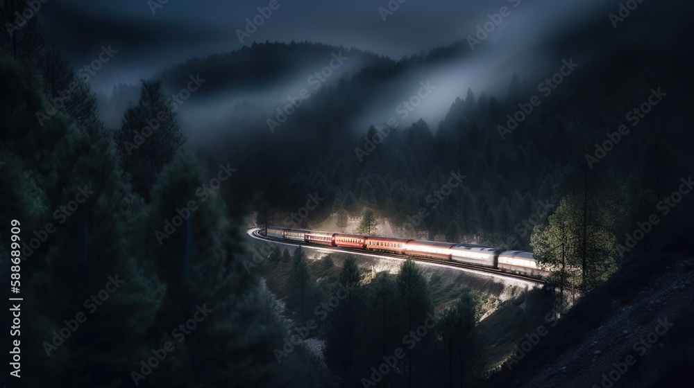 Speed passenger train moving in the night mountains covered with forest. Generative AI