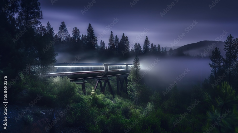 Speed passenger train moving in the night mountains covered with forest. Generative AI