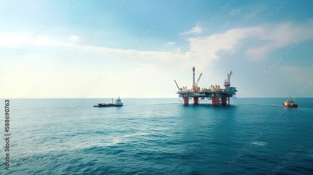 Oil rig in the sea on a sunny day with blue sky. Offshore oil drilling. Generative AI