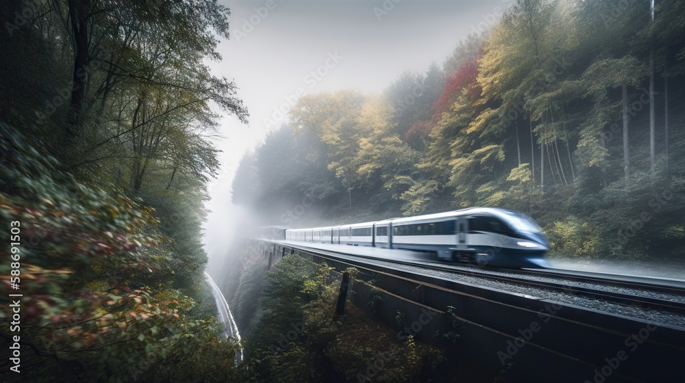 Speed passenger train moving in the mist mountains covered with forest. Generative AI