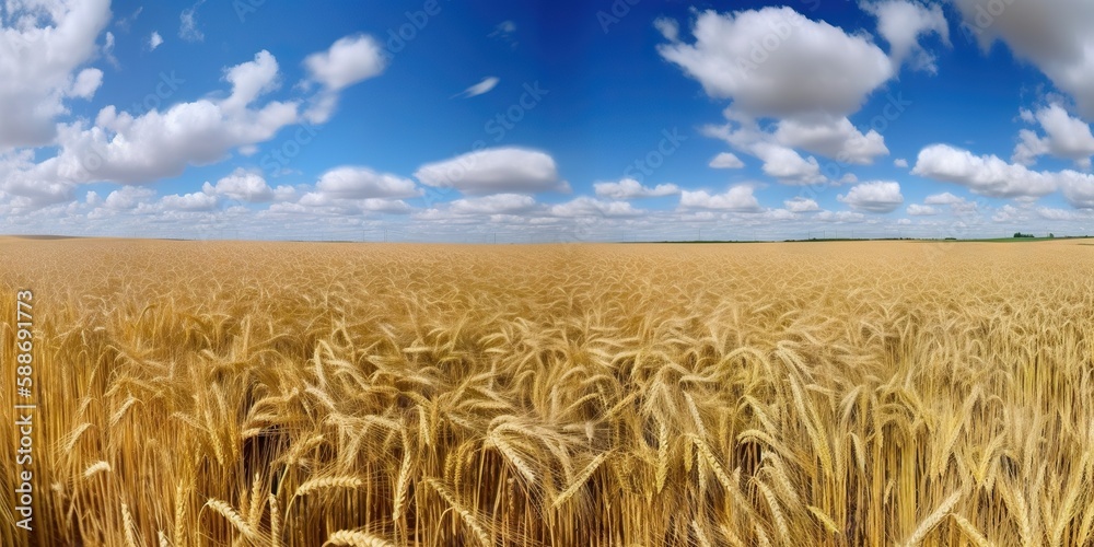 Field of golden ripe wheat under the blue sky and clouds. Generative AI