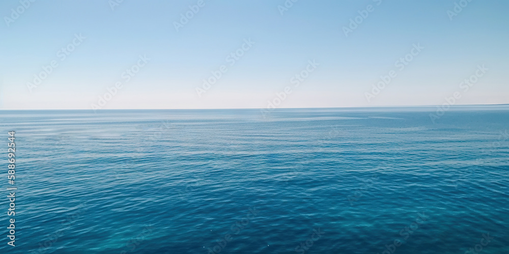 Panorama landscape of empty blue sea and sky blue background. Generative AI