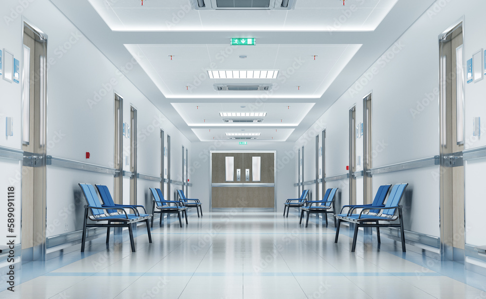 Long white hospital corridor with rooms and seats 3D rendering. Empty accident and emergency interio