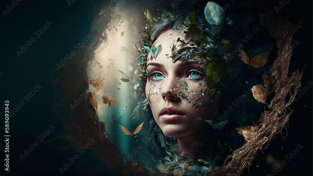 Surreal woman with natural elements over her face. Conceptual Imaginative portraits evoking differen