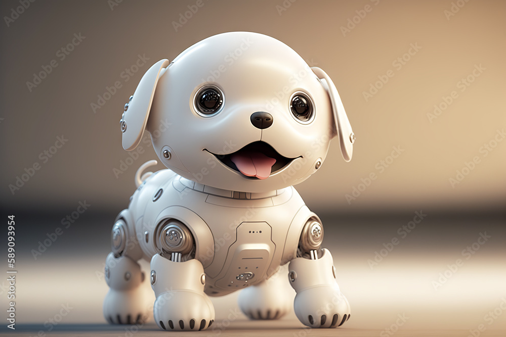 Cute robotic puppy on empty background. White happy little dog robot. Futuristic pet assistant power