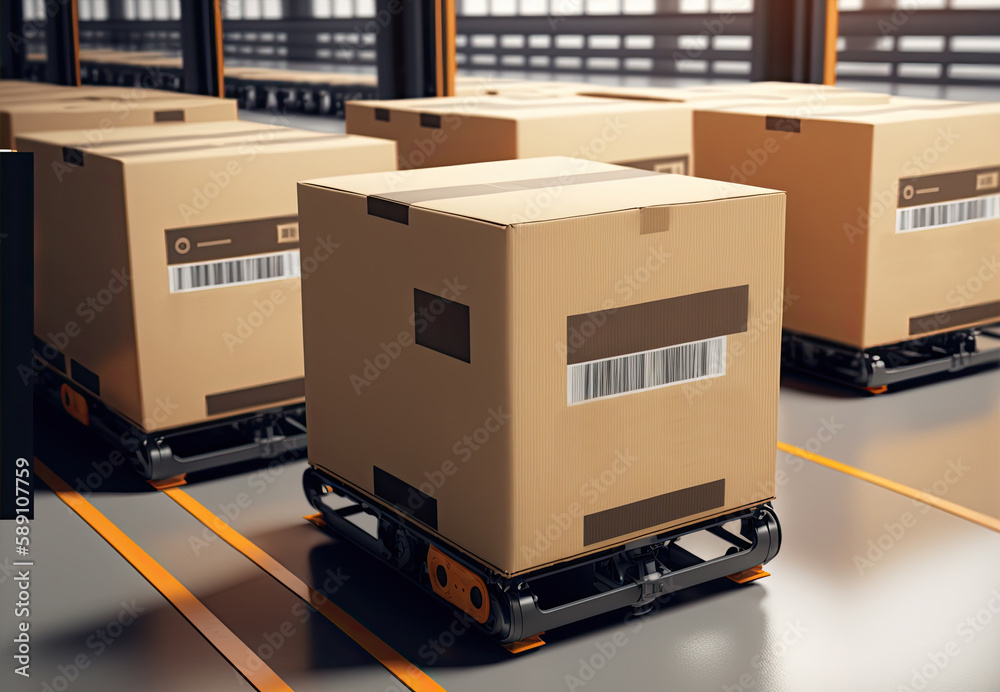 Mobile robot transporting a box in a warehouse. Automated retail warehouse AGV robots delivering car