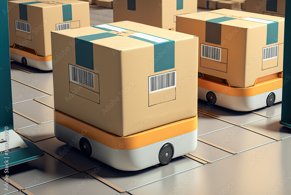 Mobile robot transporting a box in a warehouse. Automated retail warehouse AGV robots delivering car