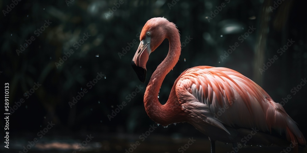 Pink flamingo close up standing with forest background. Generative AI