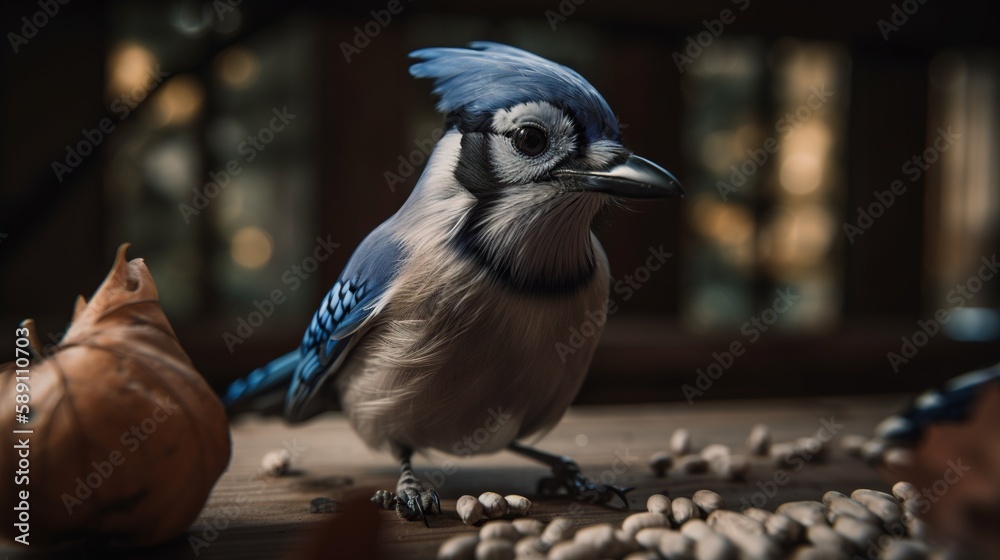 Blue Jay bird closeup with forest background. Generative AI