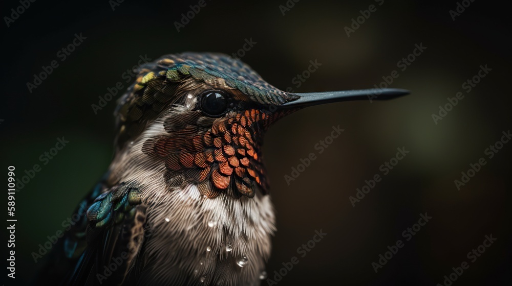 Closeup of hummingbird on a green background. Generative AI