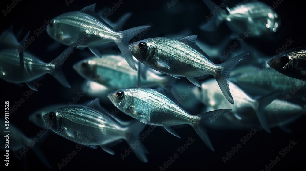 School of small silver fish underwater. Marine life. Generative AI