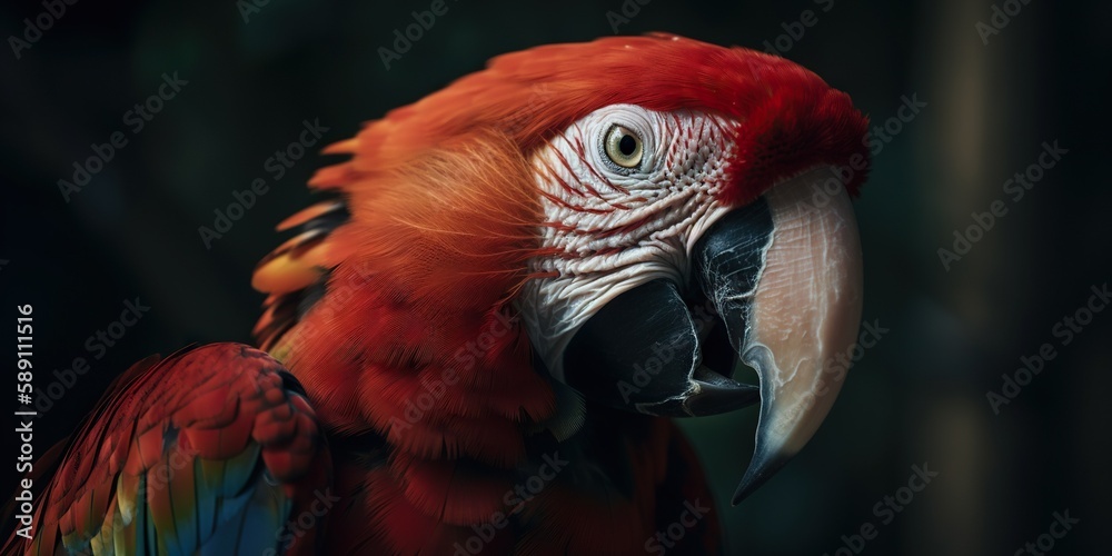 Scarlet macaw parrot on forest background. Generative AI