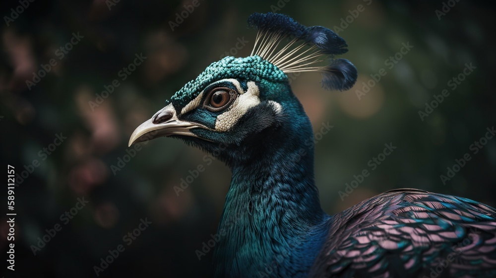 Close up photo of Peacock bird on forest background. Generative AI