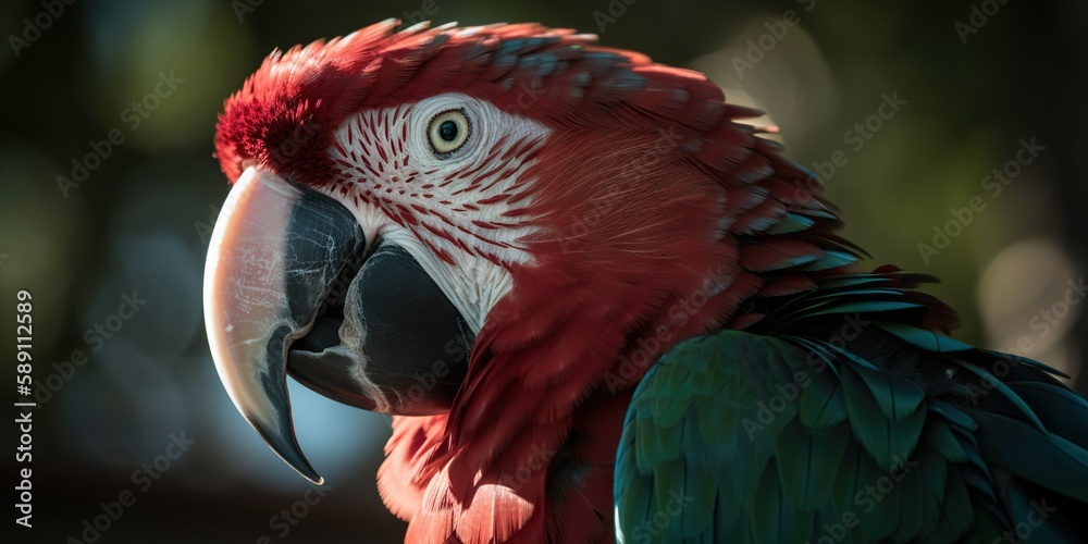 Profile portrait of green-winged macaw parrot. Generative AI