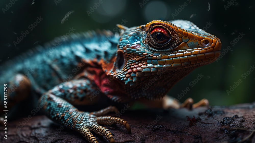 Colorful forest lizard on a tree bark in forest. Generative AI