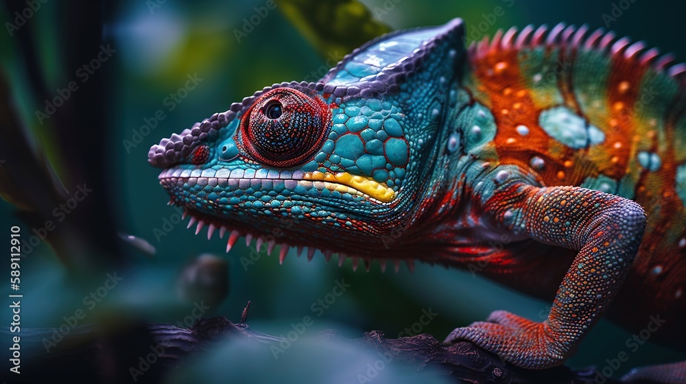 Colorful chameleon isolated on leaves background. Lizard on the green leaves. Generative AI