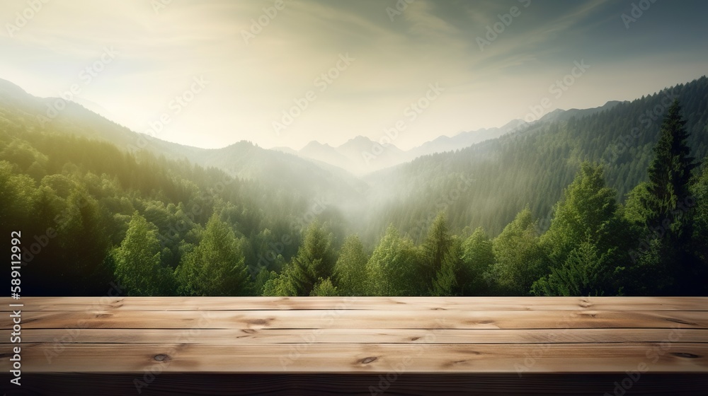 Wood table mockup with scenic green forest on background. Empty copy space for product presentation.