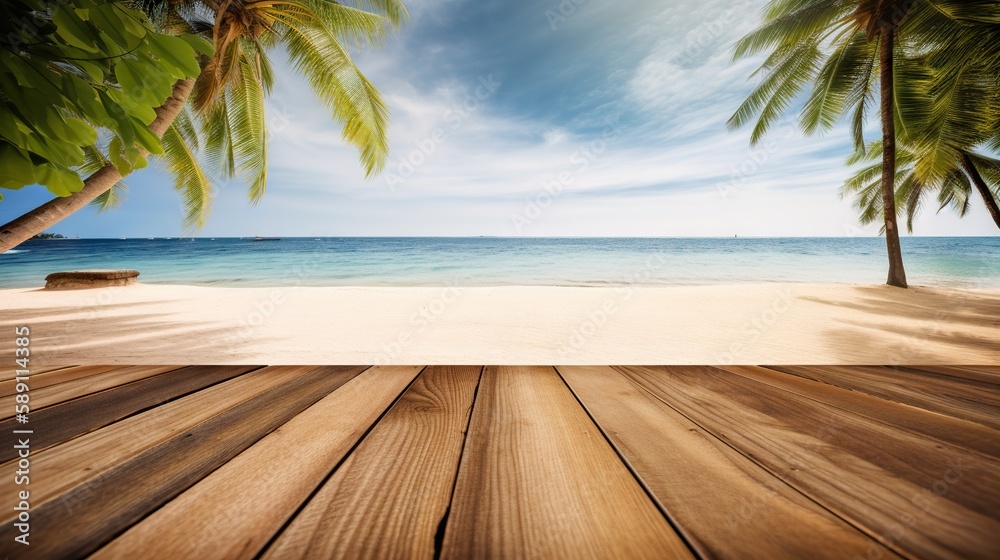 Wood table mockup with tropical paradise beach on background. Empty copy space for product presentat