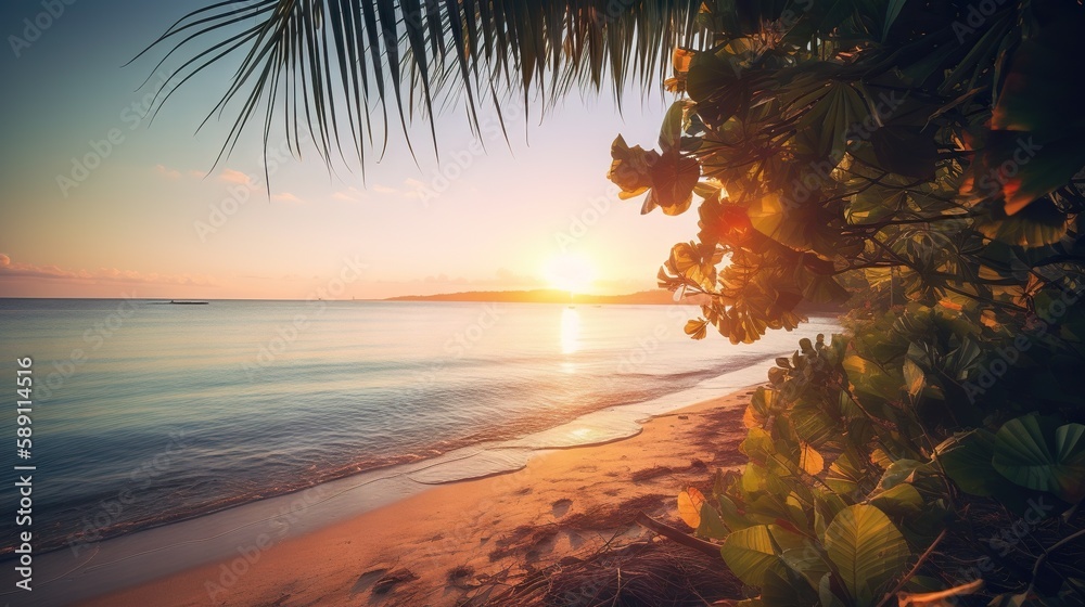 Tropical summer seascape with palm leaves, beach and paradise ocean on sunset. Generative AI