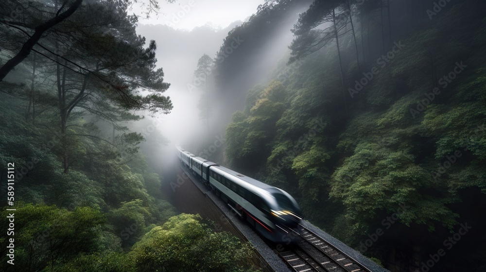 Speed passenger train moving in the mist mountains covered with forest. Generative AI