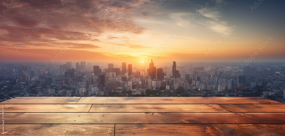 Wood table mockup with big city cityscape on background. Empty copy space for product presentation. 