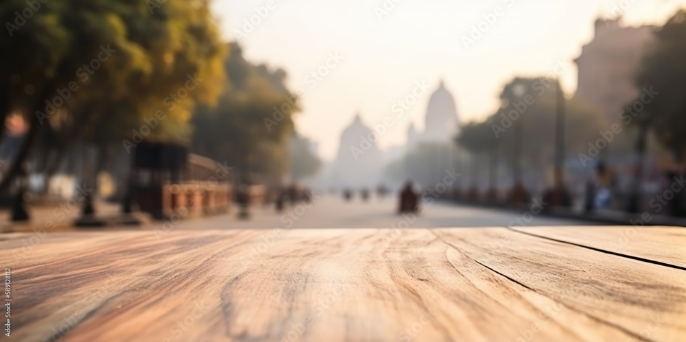 Wood table mockup with Delhi city street in shallow depth of field. Copy space for product. Generati