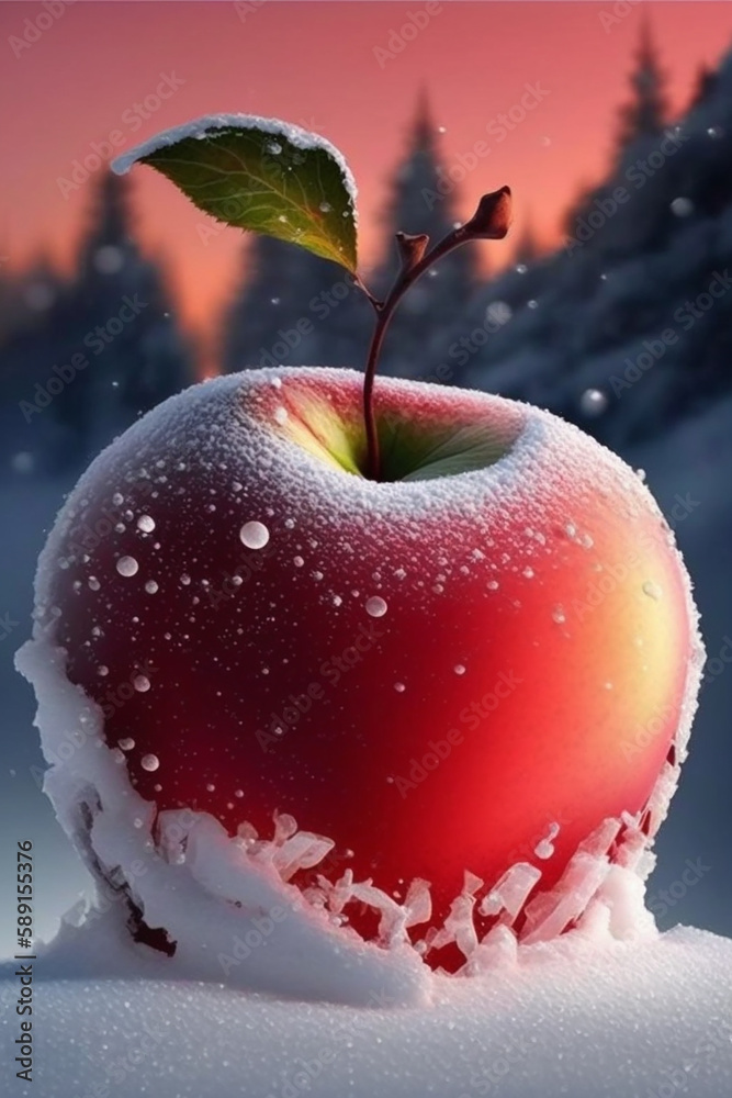 Big fresh red Apple in snow. Generative ai