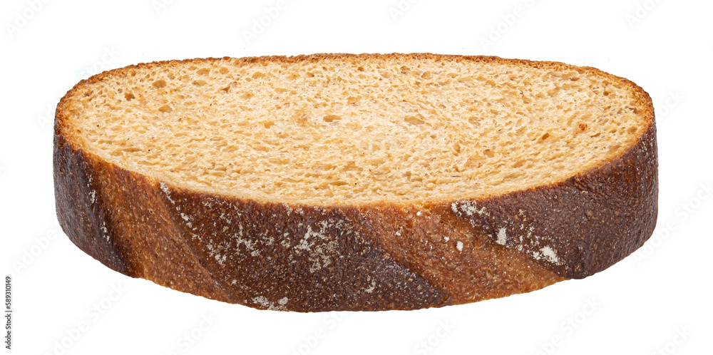 Rye bread slice isolated on white background, full depth of field