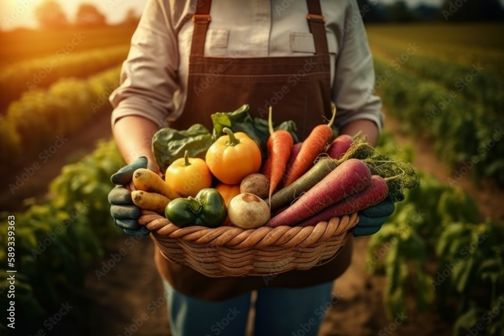 harvesting, farmer holds basket of harvested vegetables against the background of farm. AI generated