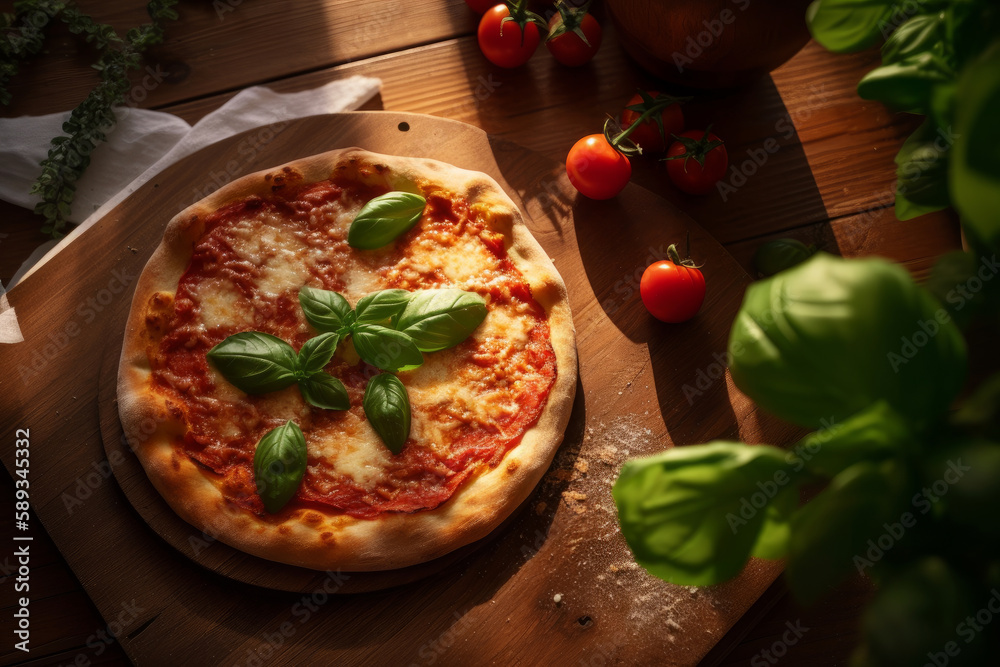 Pizza Margherita on a wooden table. Pizza Margarita with tomatoes, basil and mozzarella cheese. Gene