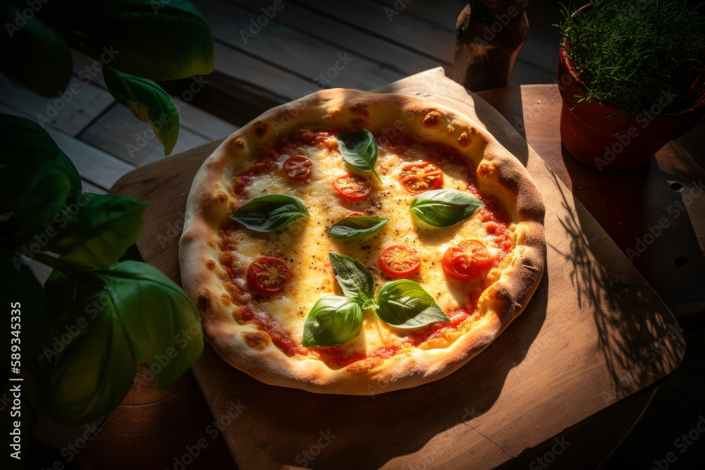 Pizza Margherita on a wooden table. Pizza Margarita with tomatoes, basil and mozzarella cheese. Gene