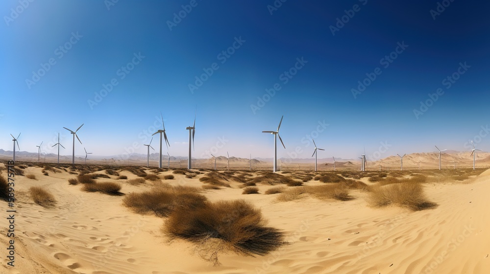 Wind turbines in the desert. Renewable energy concept with sand dunes. Generative AI